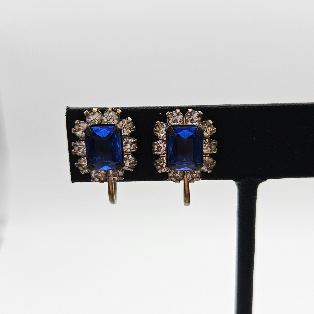 Vintage Cobalt Blue Glass Emerald Cut Rhinestone Screw Back Earrings